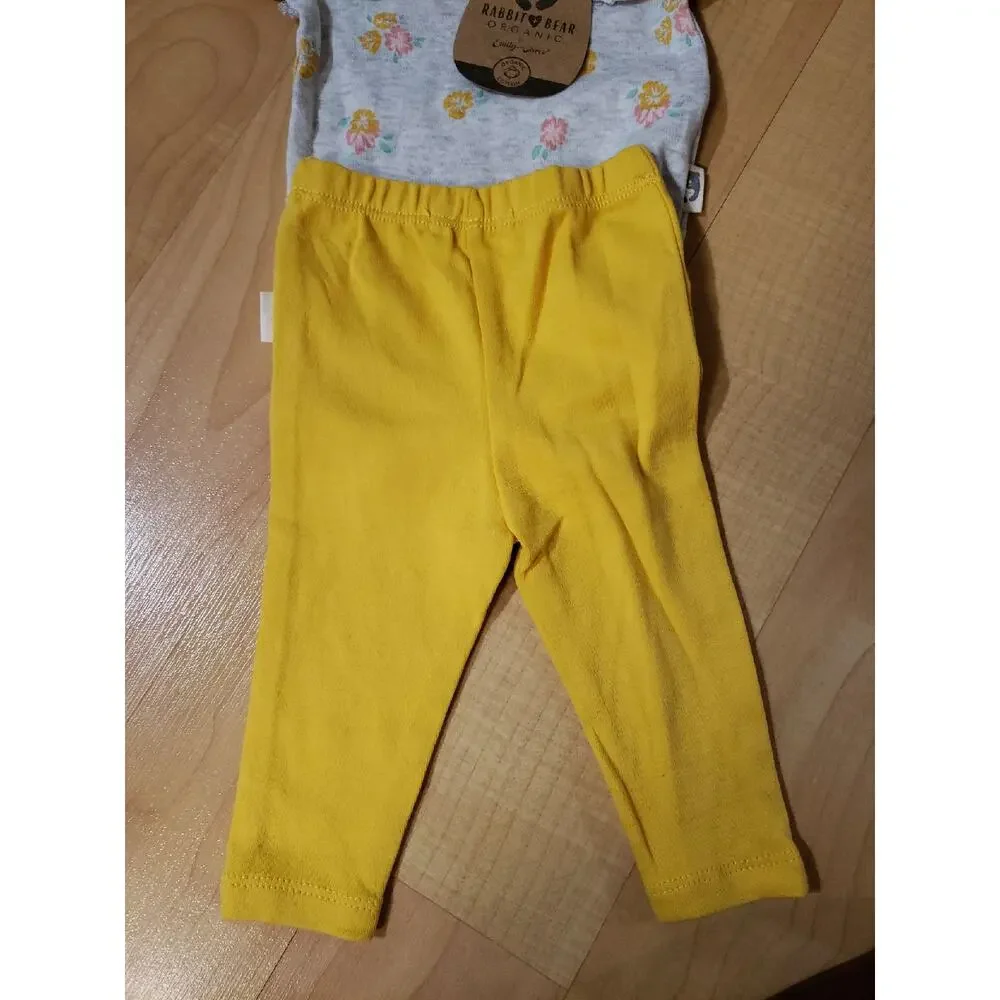 NWT Rabbit + Bear Organic Baby Girl Outfit Set Floral Top Yellow Pants 0-3M